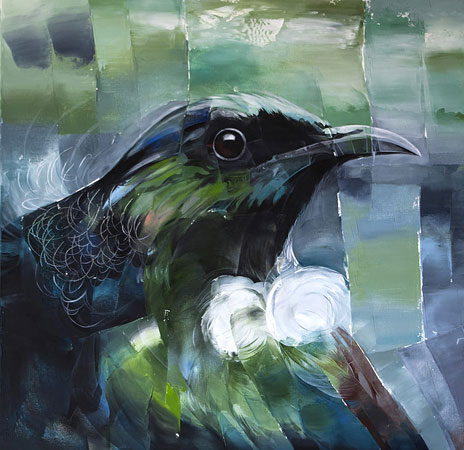 Sheila Brown nz bird artist, tui, acrylic on canvas